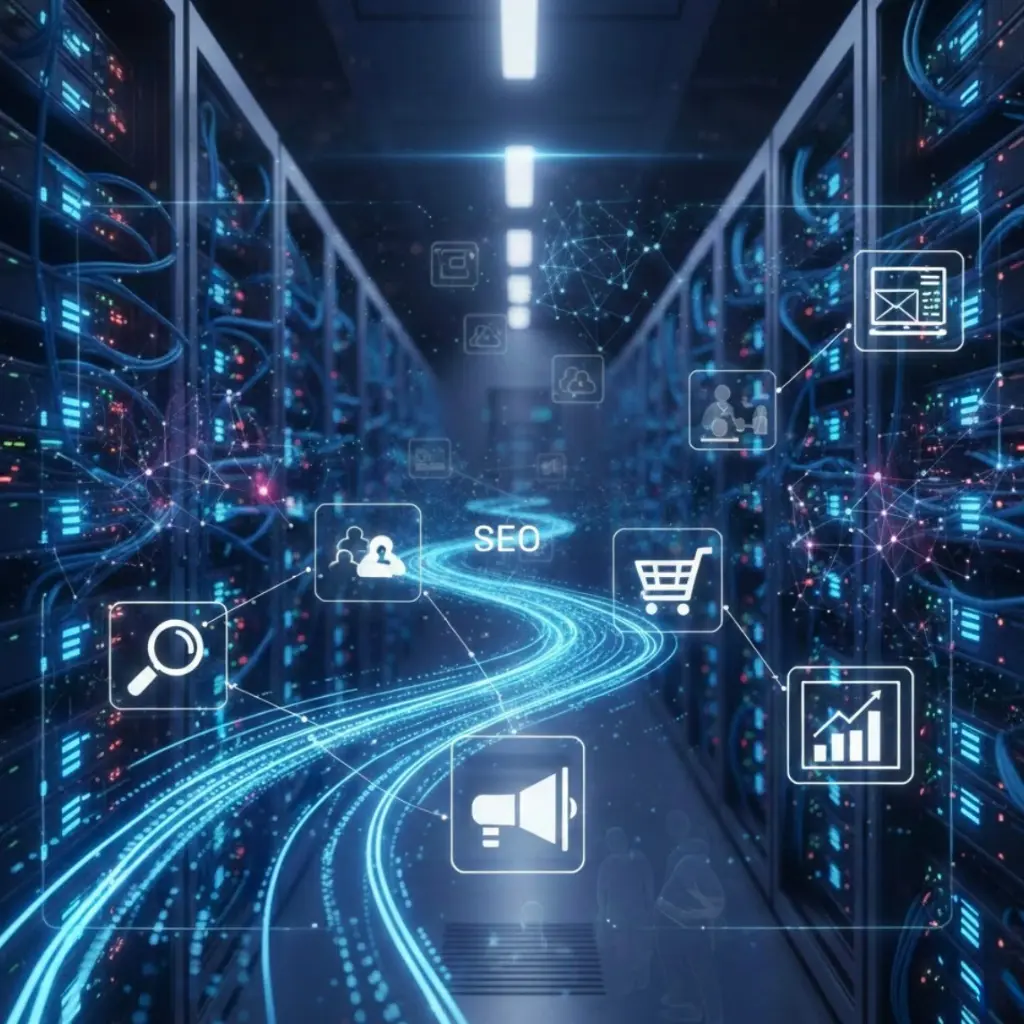 Freelance digital marketing strategist in Dubai represented through AI-powered data servers with flowing digital pathways and icons symbolizing SEO, analytics, automation, and performance marketing.