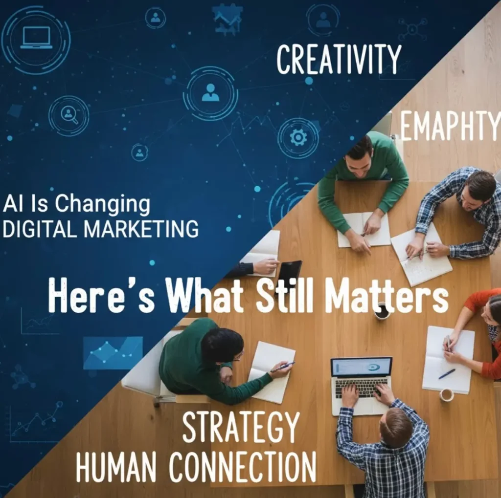 Freelance digital marketing strategist in Dubai represented through a team collaborating around a table with abstract AI and data icons highlighting creativity, strategy, and human insight.